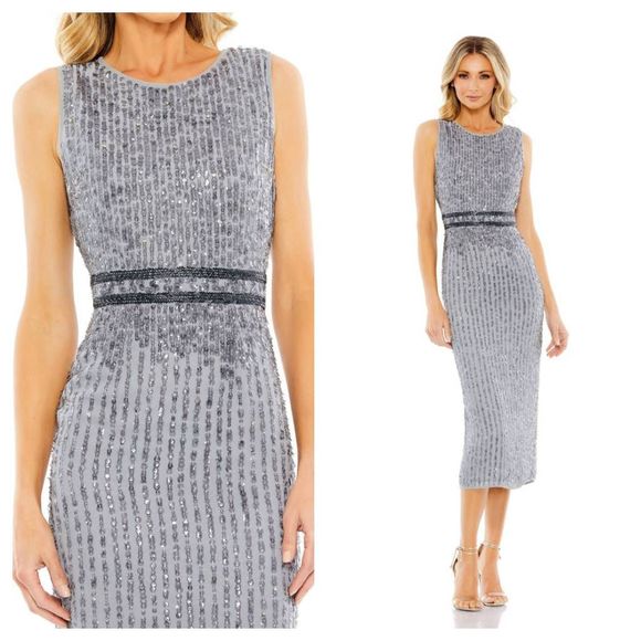 NWT SLEEVELESS HIGH NECK BEADED MIDI SHEATH DRESS $298 SIZE 2 - Picture 4 of 7